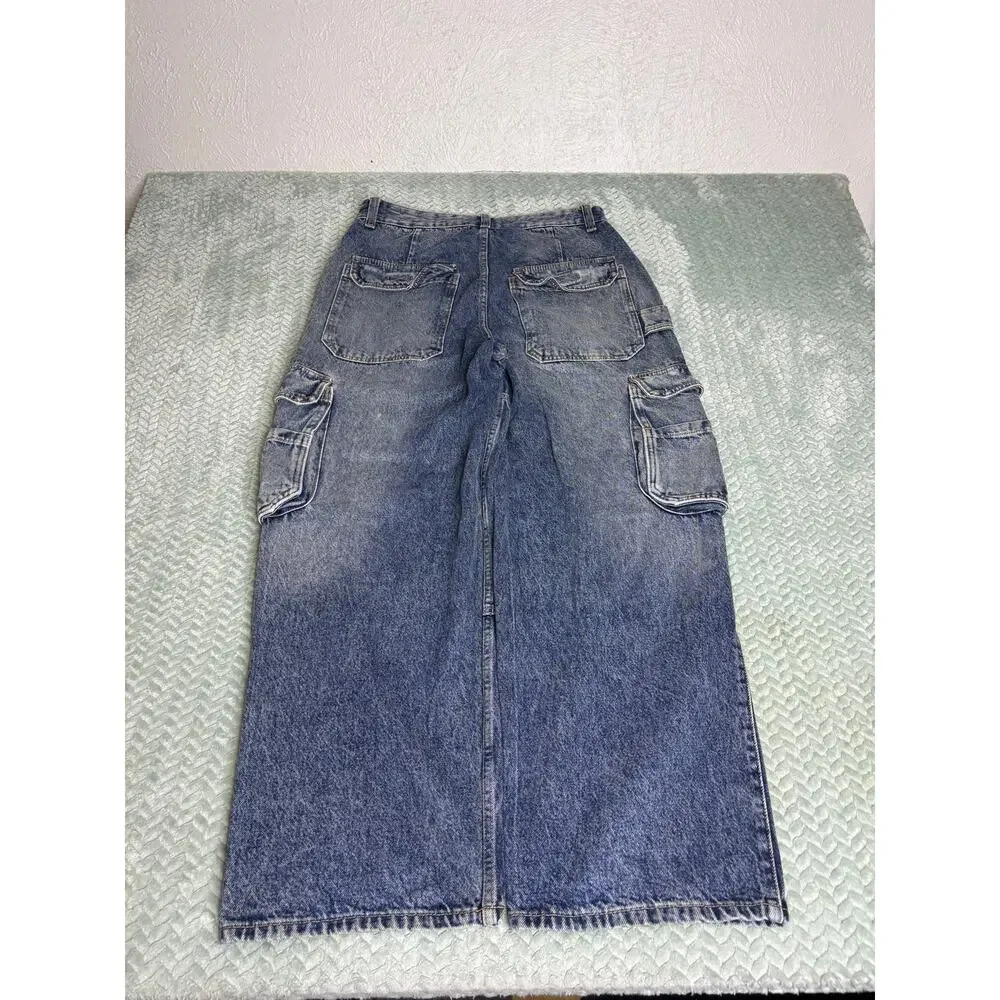 Bershka Skater Cargo Jeans Baggy Wide Leg Blue Denim Y2K Size 30